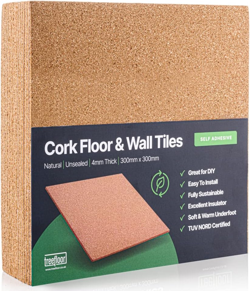 Cork Tiles Self-Adhesive (1.44 sqm Coverage) - 300x300mm Natural Tiles | Great for Floors, Walls, DIY, Pin Boards & Craft Projects | Acts as Sound Proofing & Insulation Pack of 16, BHFP-1351-16