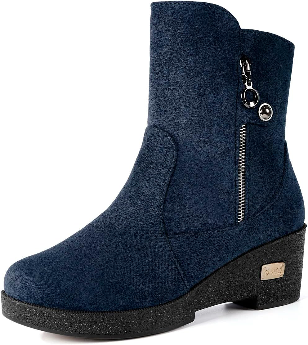 Gaatpot Womens Winter Wedge Boots Warm Ankle Booties Fur Lined Snow Boots Outdoor Zip Suede Comfy Shoes Size Dark-blue UK 3.5= 37CN (235)