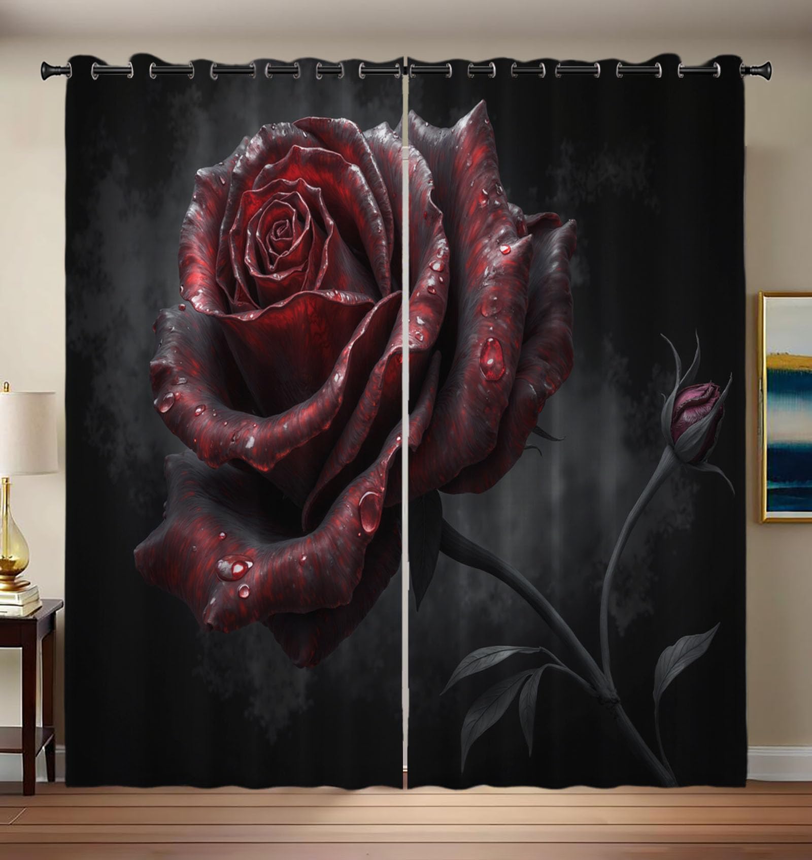 Rideau isolant thermique contre la lumière du jour motif fleur noir 140x175