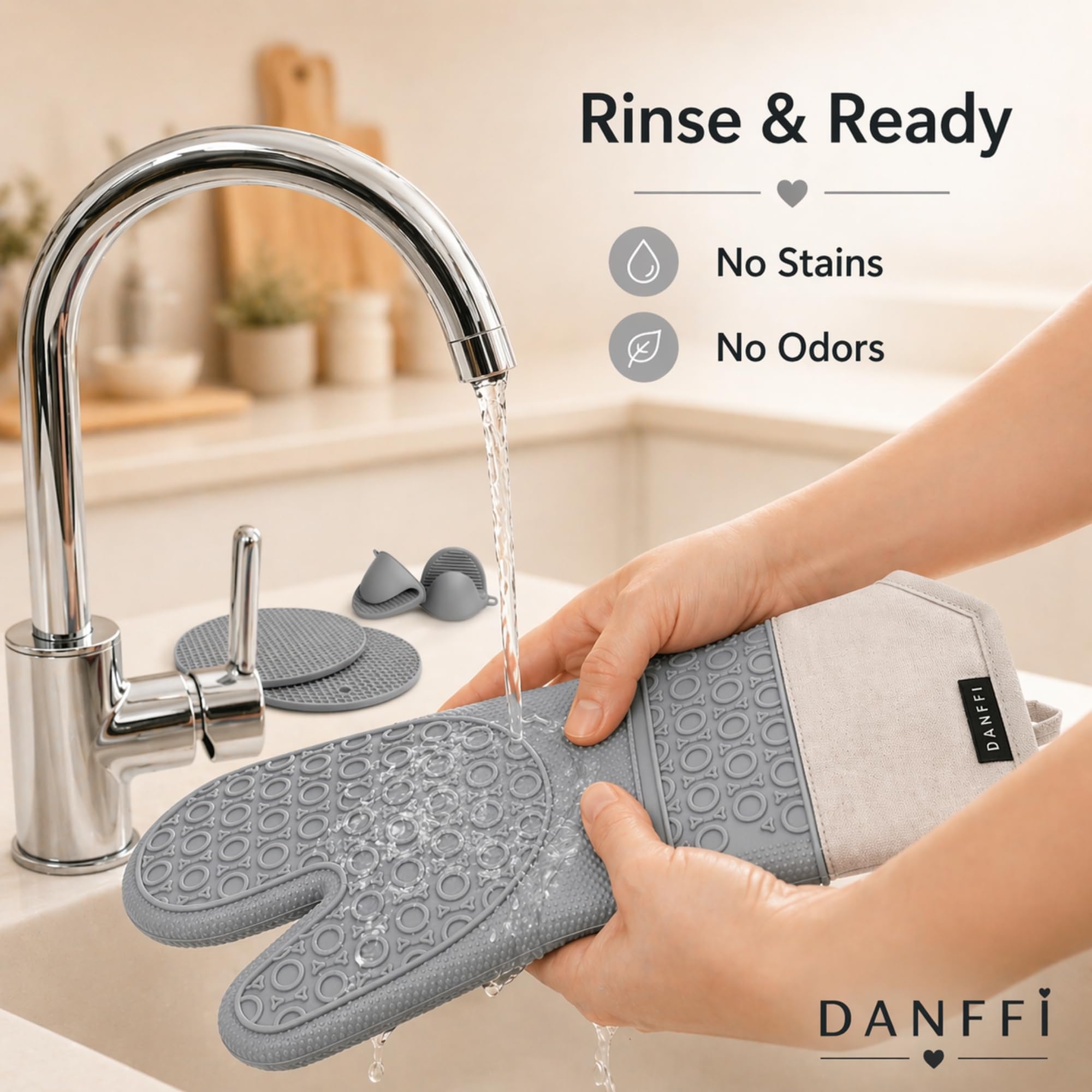 Juego de guantes de horno de silicona y soportes para ollas, guantes de cocina resistentes al calor, agarre texturizado antideslizante, silicona flexible con forro de algodón suave (6 piezas