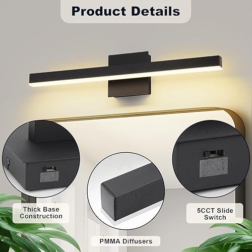 Miniatura 6 de Joossnwell Luz de tocador para accesorios de iluminación de baño, sobre espejo, 23.62 pulgadas, regulable, 5CCT, luces de tocador modernas, barra de