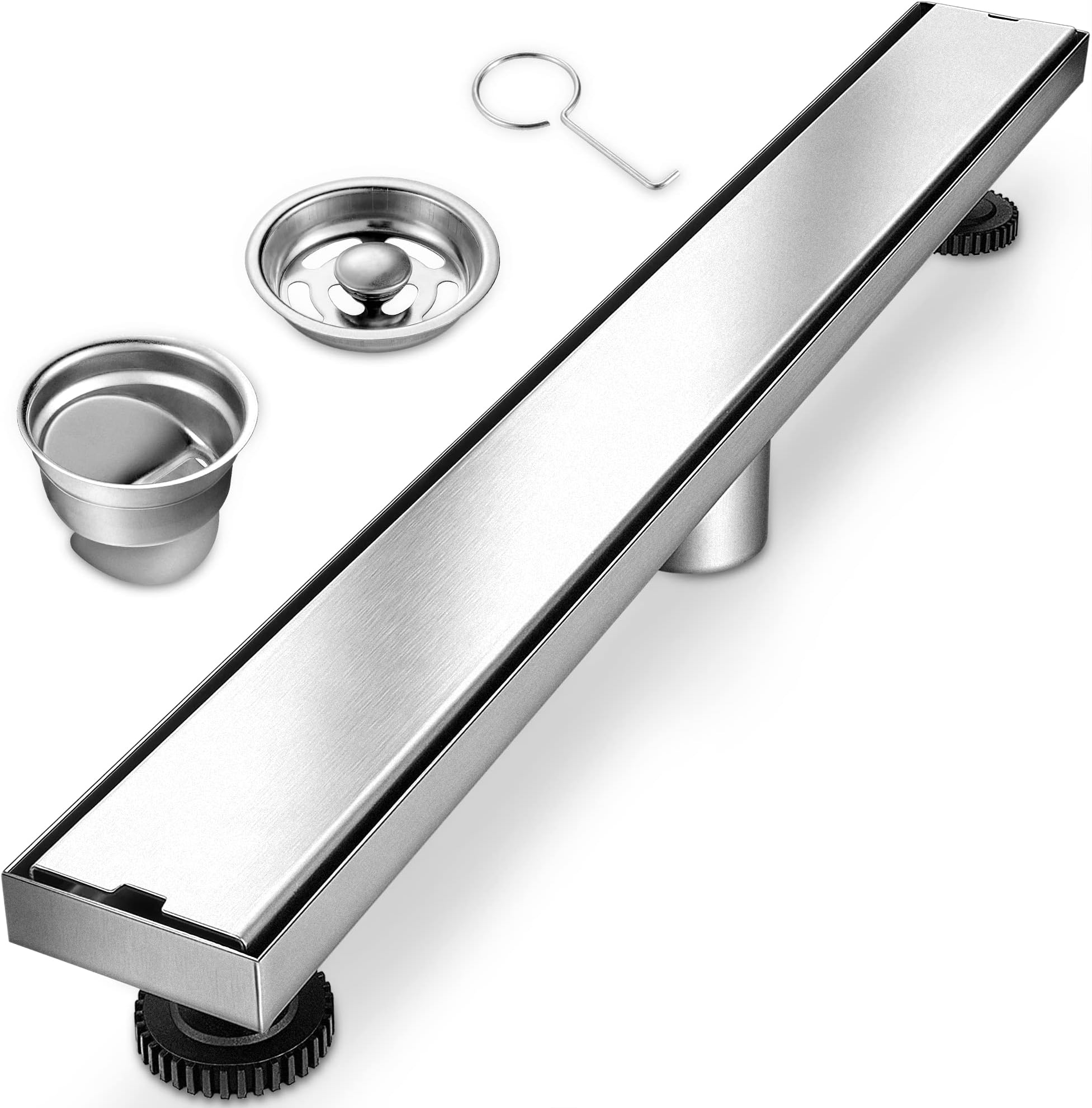 24 Inch Linear Shower Drain with Tile Insert Grate, Brushed 304 Stainless Steel Shower Floor Drain, Rectangle Shower Floor Drain with 2-in-1 Hair Strainer and Leveling feet