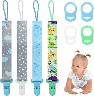 4 Pcs Baby Dummy Strap Clip, Pacifier Clip Dummy Holder Straps with 4 Silicone Adapter, Soother Chains Clips Fit All Dummies,Soothers, Teething Toys, Baby Essentials