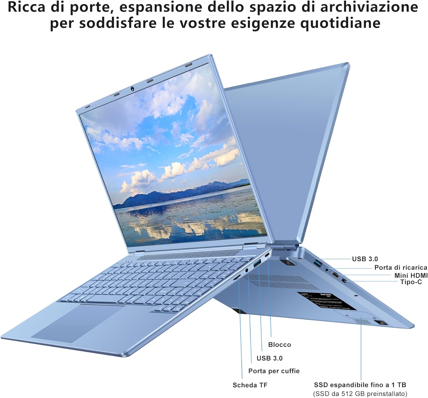 AOCWEI 16 PC Portatile 12+512GB Nuova CPU N5095 (fino a 2.9Ghz) 4-Core Windows 11 Laptop con Ventola di Raffreddamento 1920 * 1200 2K Schermo Doppio Supporto WIFI 2.5 HDD 1TB SSD Espansione-Blu
