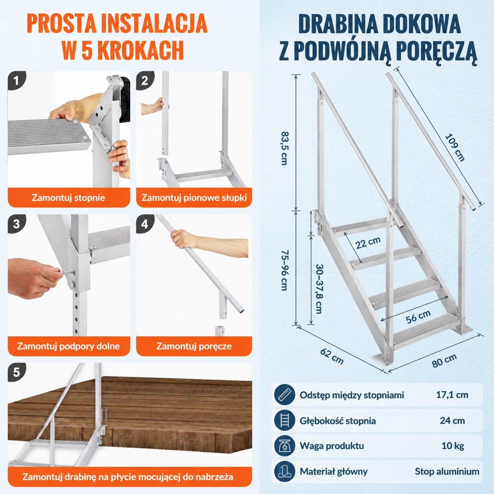 4-stopniowa drabinka do łodzi z dwiema poręczami, ze stopu aluminium, do łodzi, basenów i portów