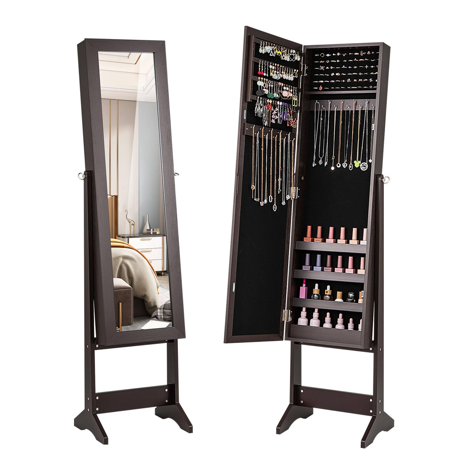 LDAILY Jewelry Armoire, Jewelry Cabinet Standing with Full Length Mirror, 3 Adjustable Angles, Large Storage Capacity, Freestanding Jewelry Organizer for Bedroom, Dressing Room (Espresso)
