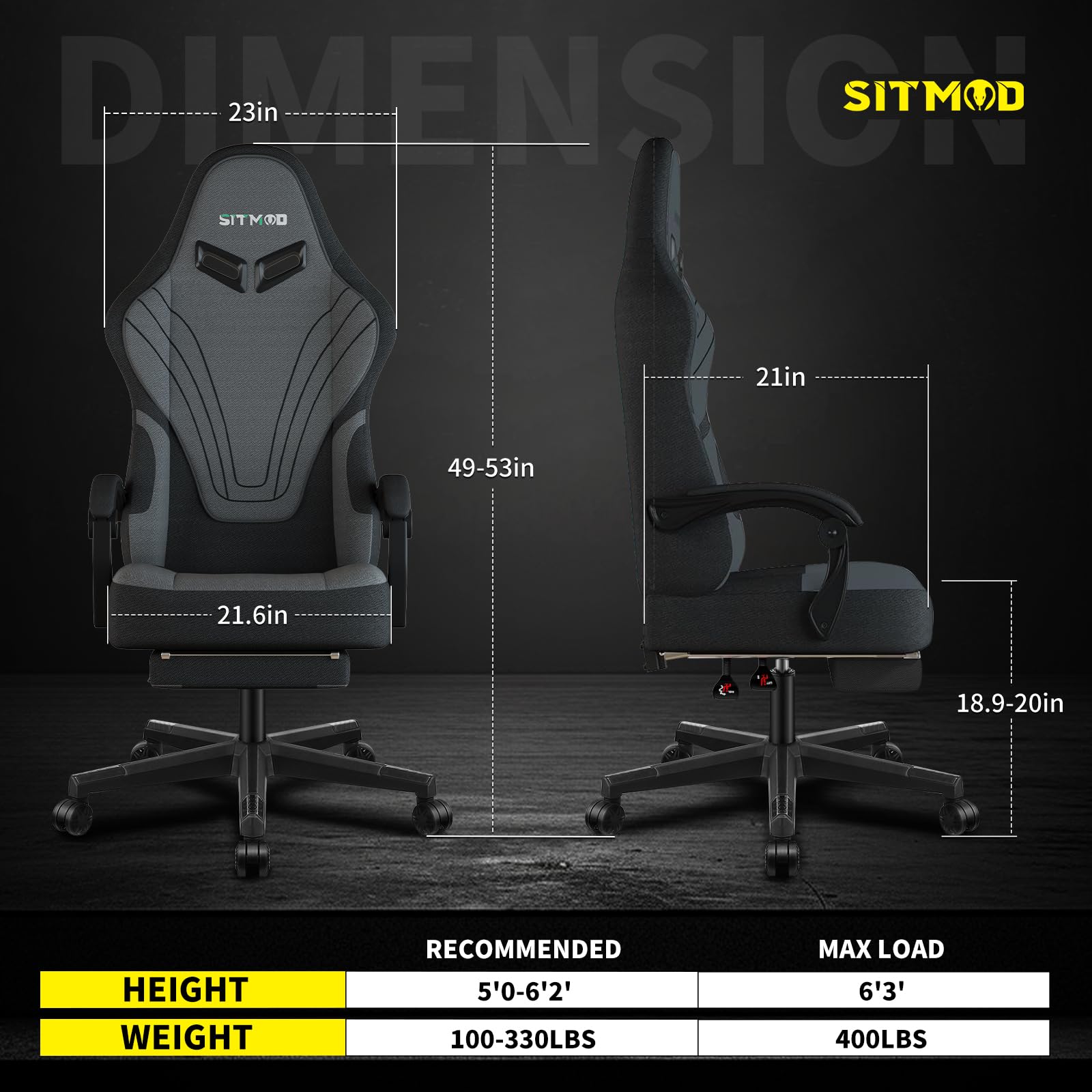 Ulody Sedia da gioco, ergonomica, con poggiapiedi, sedia per PC con poggiatesta e cuscino lombare, girevole a 360 gradi, in tessuto regolabile in altezza(GRIGIO)