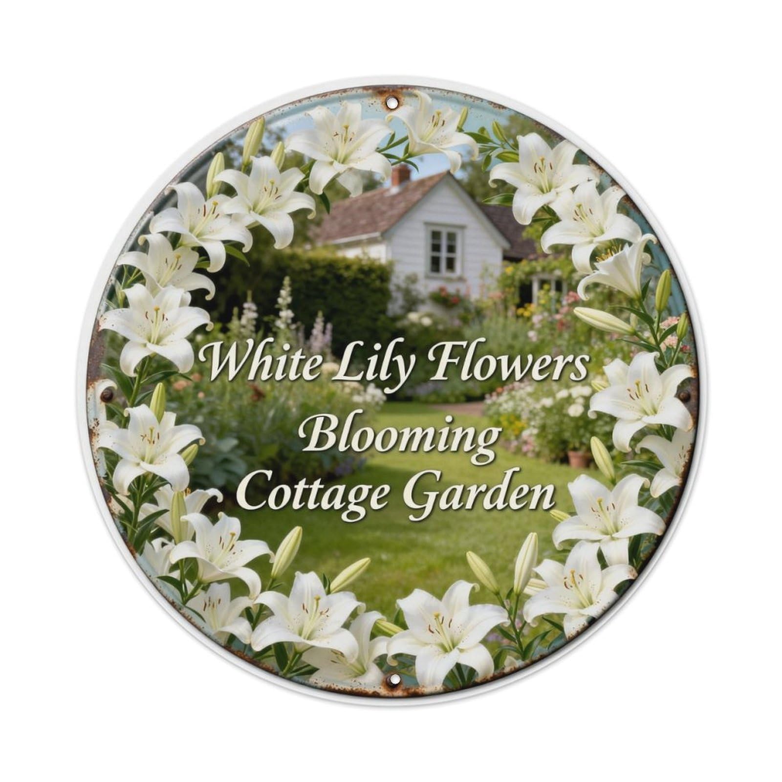 White Lily Flowers Blooming Cottage Garden Metal Tin Sign Plaque