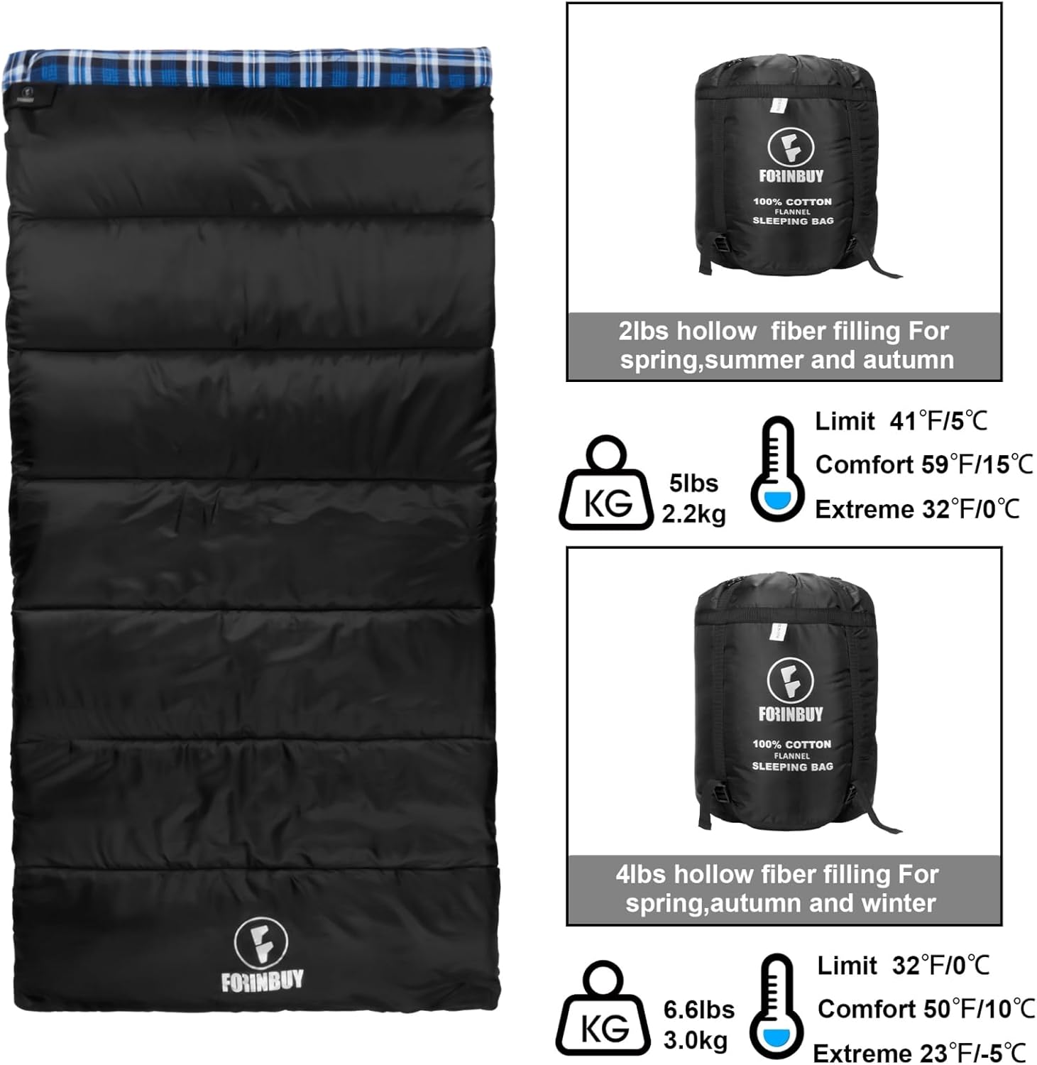 Flannel Sleeping Bag Cold Weather for Adults XL Camping Cotton Sleeping Bag 4 Season Big and Tall, Waterproof with Compression Sack
