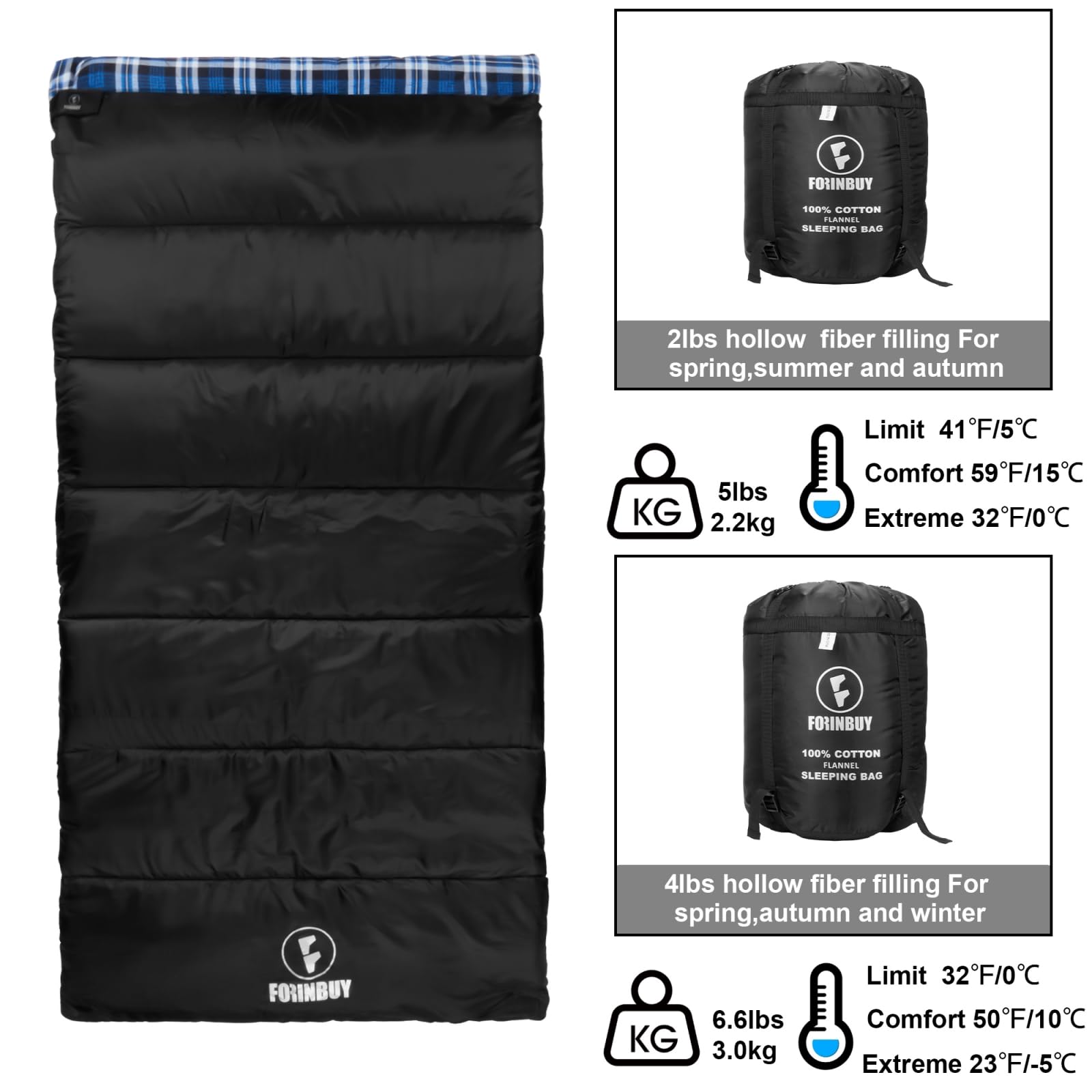 Saco Dormir FORINBUY Algodão Flanela - Grande 210x90cm Para Clima Frio 3-4 Estações