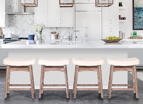 ALPHA HOME Juego de 4 taburetes de bar, taburetes de cocina de madera maciza con cojín de tela de lino beige, taburetes de bar con base de madera