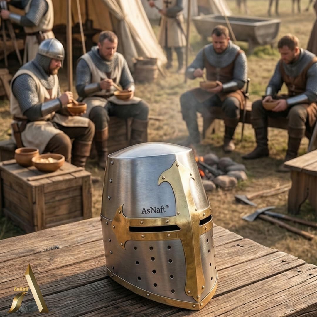 AnNafi® Medieval Knight Crusader Armour Helmet | Sugarloaf and Brass Design Templar Helmet | Greek Roman Spartan Helm | Wearable For Adult | Medieval Costumes | Medieval Helmets for Men
