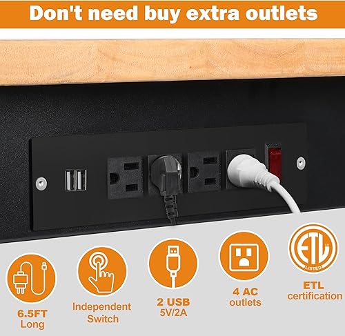 Miniatura 3 de Banco de trabajo de altura ajustable, estación de trabajo resistente de madera de goma de 48 pulgadas con tomas de corriente, capacidad de carga de