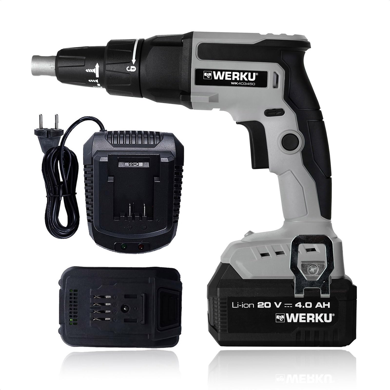 Werku WK403450+WK403470+WK403480, Atornillador Paneles-Placas Inalámbrico, Calidad Profesional, Potencia 20 V, Motor Brushless, Sistema Luz LED Visión, Incluye Batería y Cargador