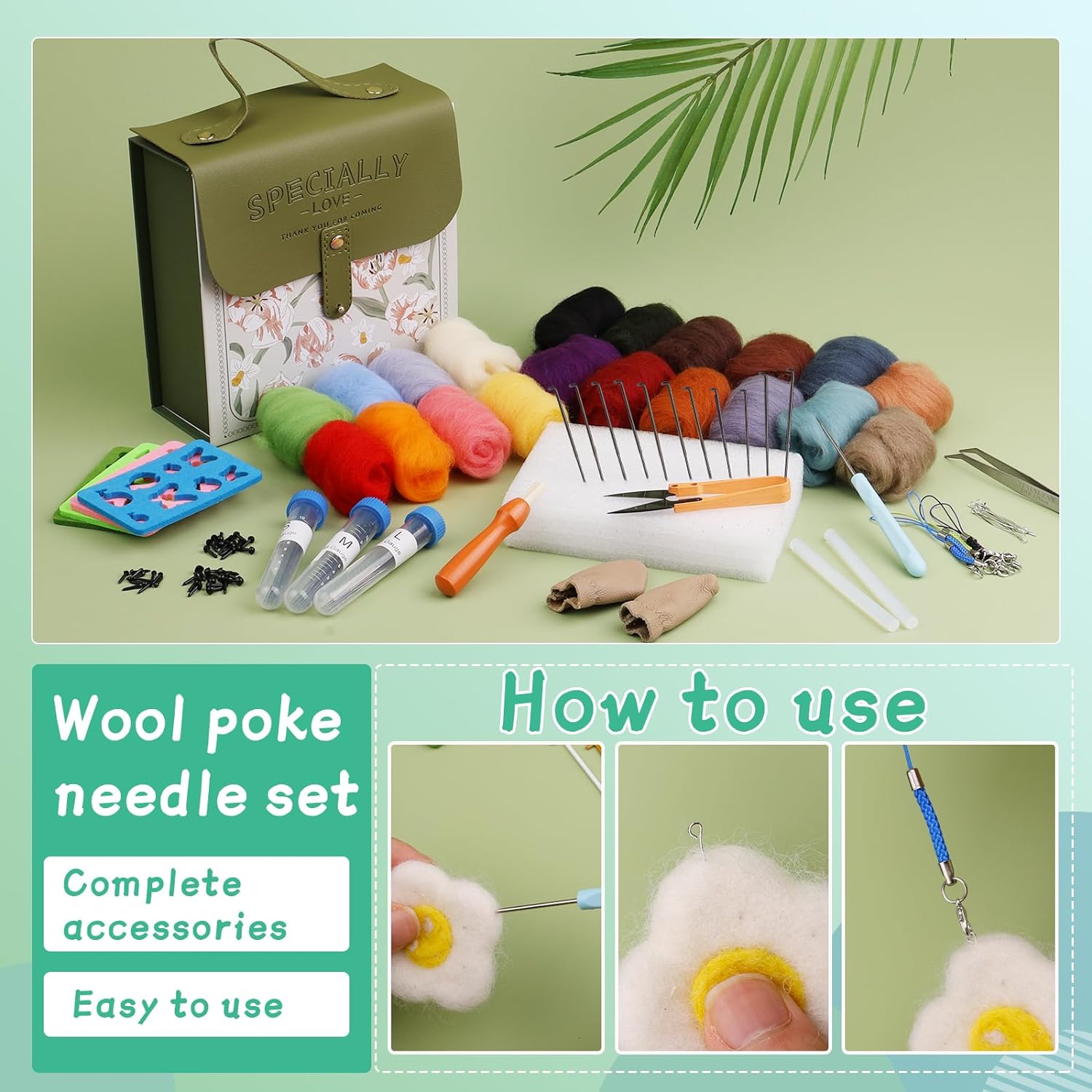 Felting Needle with Eight Needles Too, Wool Roving 20 Colors Set, Craft Wool Felt Stitch Punch Tool with Solid Wood Handle Felting Eight Needles Tool with Finger Cots (Green Bag)