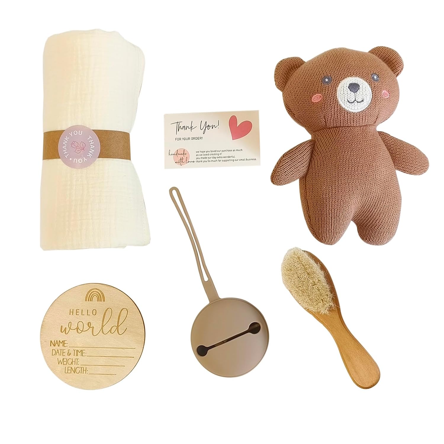 Newborn Baby Gift Set of Knitted Bear Toys 6 in 1, Including Soothing Hand Bells,Cotton Blankets and Wooden Card for Newborn Boys and Girls
