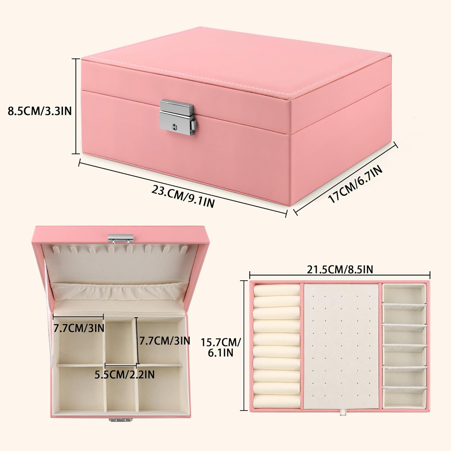 Homeanda Jewelry box 2 layer Jewelry box Leather Jewelry boxes for Women Girls Teens Jewelry organizer box Jewelry Storage box with lock(Pink) - Image 3