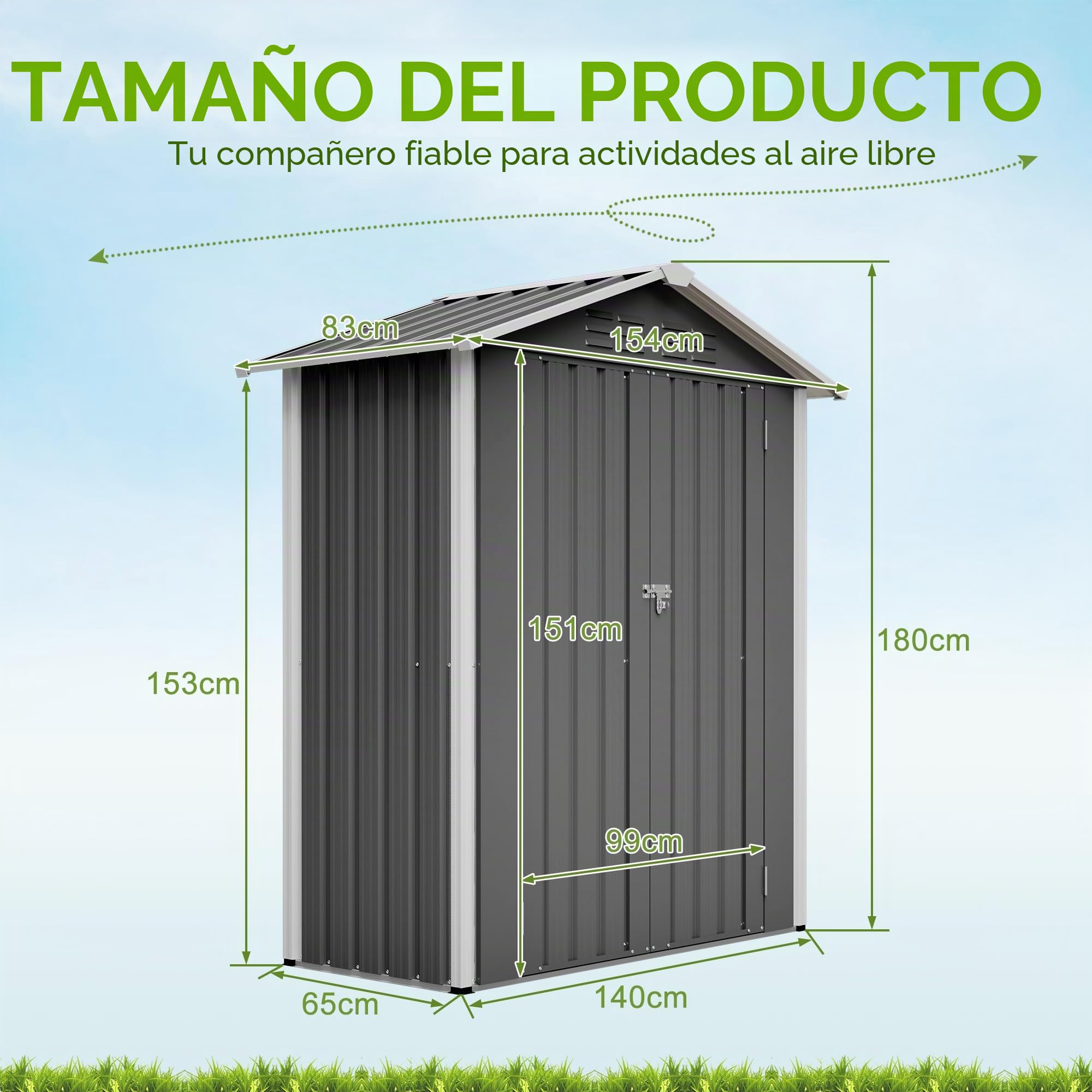 Armario de jardín de metal, 154 x 83 x 180 cm, con orificios de ventilación, incluye base de metal, puerta con cerradura, resistente a la intemperie, cobertizo para herramientas de jardín (gris)