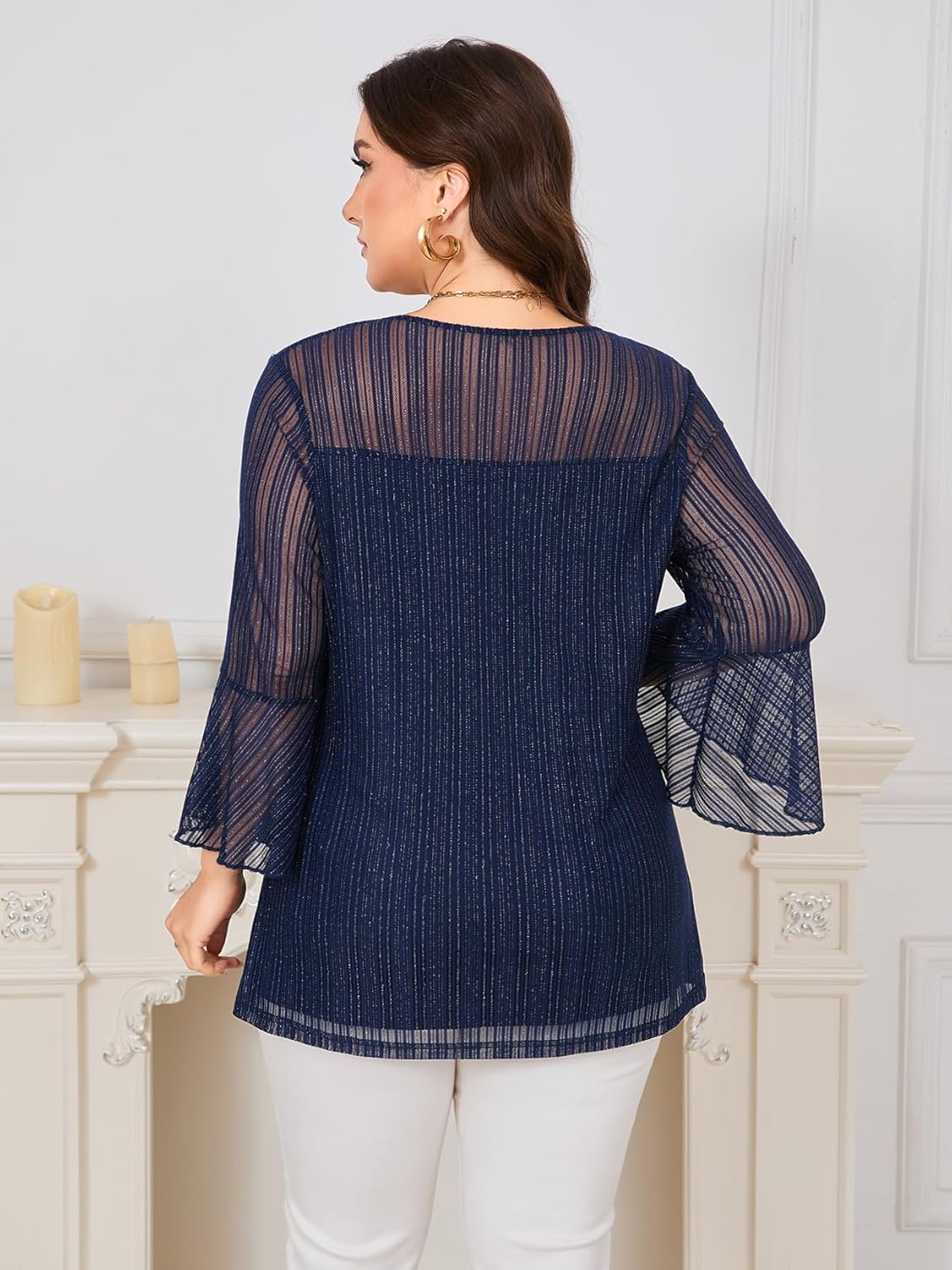 ZOMVA Women's Plus Size Ruffle 3/4 Sleeve Blouses Casual Elegant Dressy Crew Neck Double Layers Sparkly Mesh Tunic Tops - Image 5