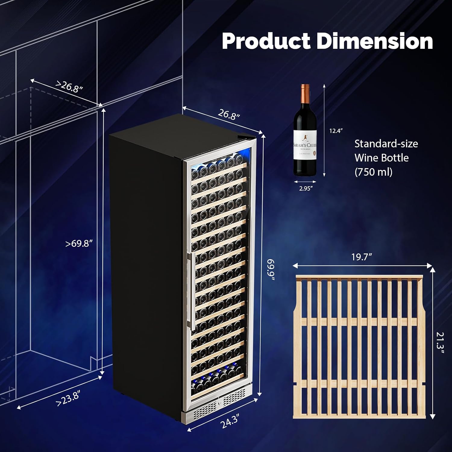 ROVSUN 171 Bottles Wine Cooler Refrigerator, 24'' Built-in Wine Fridge with Compressor & Fan-forced, Large Capacity Wine Chiller with Touch Panel Control for Professional Wine Enthusiast, Restaurant