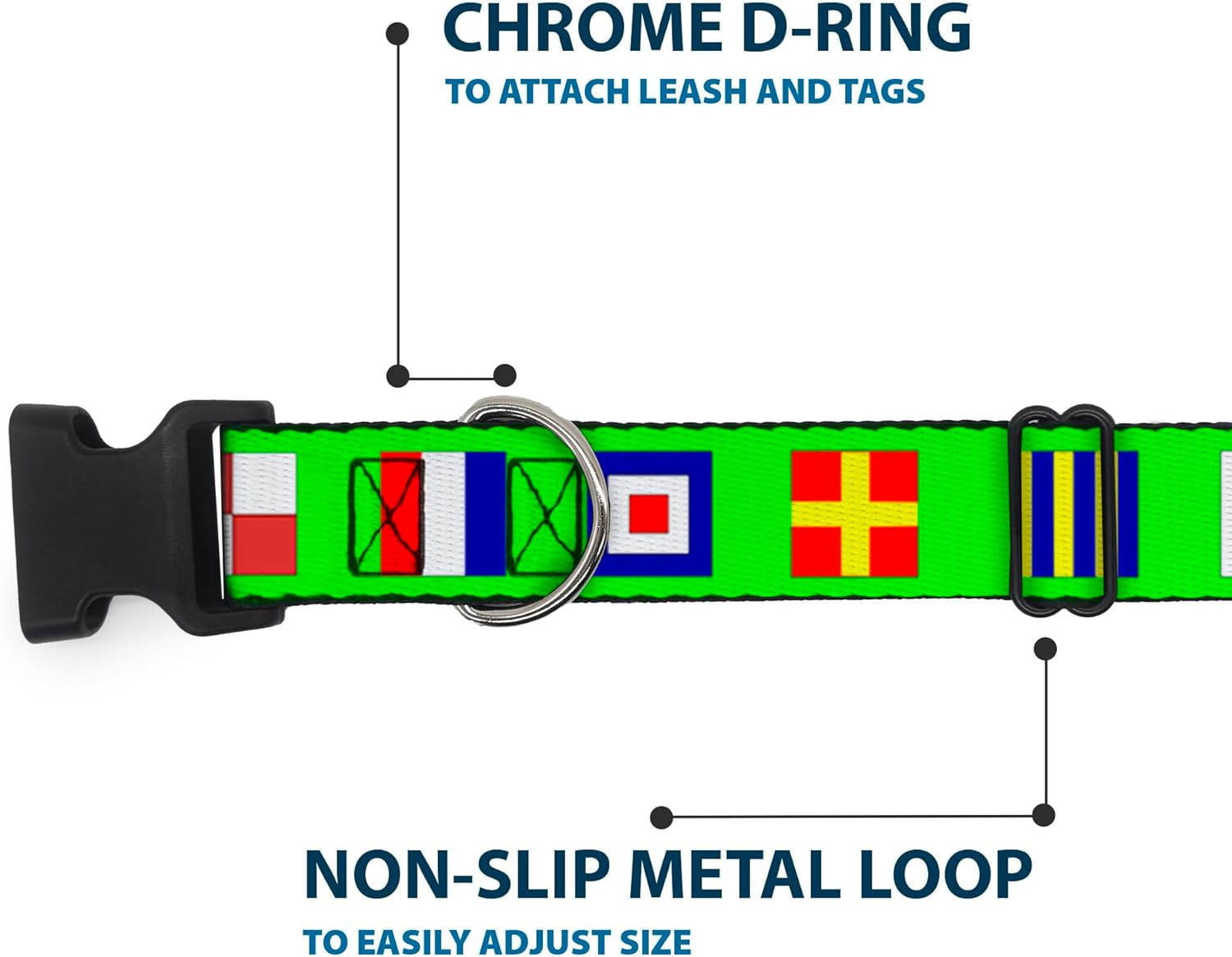 Buckle-Down 13-18" Nautical Flags Green/Multi Color Plastic Clip Collar, Wide Small