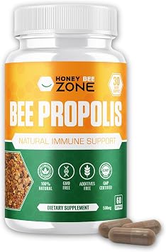 HONEYBEEZONE-Bee Propolis Capsules 100% Natural Energy and Immune Support Supplement | Non-GMO, Gluten-Free, 60 Easy-to-Swallow Veggie Capsules