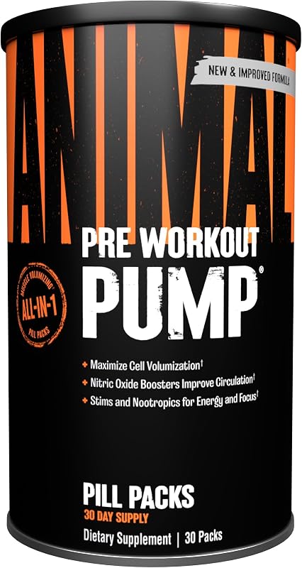 Animal Pump Stim Pre entrenamiento, 200 mg de cafeína con creatina | 30 paquetes de pastillas | Suplemento de entrenamiento de energía y concentración para hombres y mujeres | Los nootrópicos de óxido nítrico aumentan la vascularización | Ayuda al crecimiento y la fuerza muscular