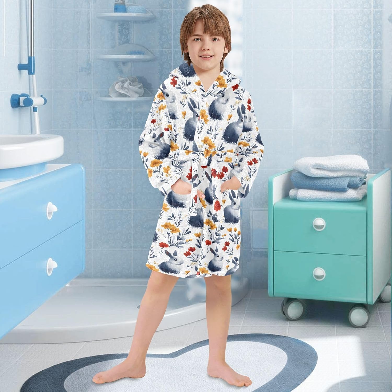 senya Blue White Rabbit O Toddler Hooded Bathrobe Kids Soft Plush Bath Towel Robes for Boys Girls 2-12 Years