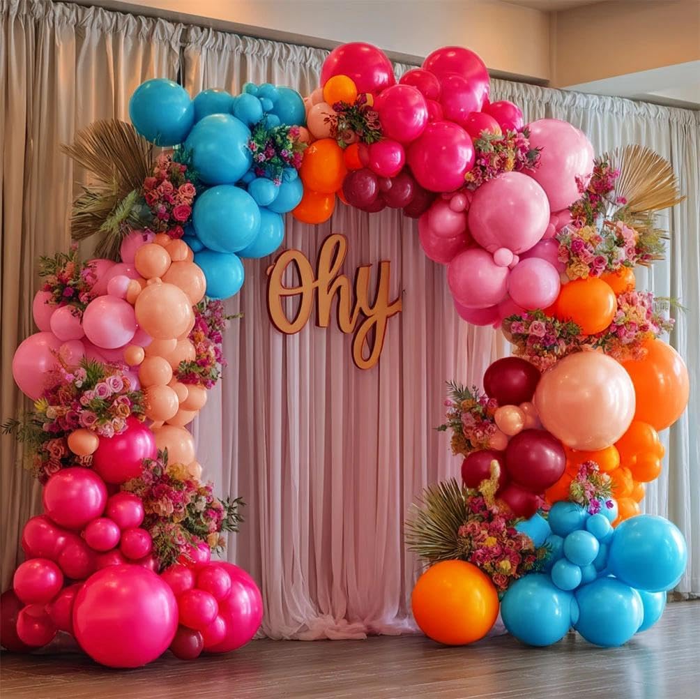 Hot Pink Blue Orange Balloon Garland - Double Stuffed Teal Orange Pastel Pink Peach Latex Metallic Burgundy Balloon Arch Kit for Colorful Baby Shower Wedding Gathering Birthday Party Decoration