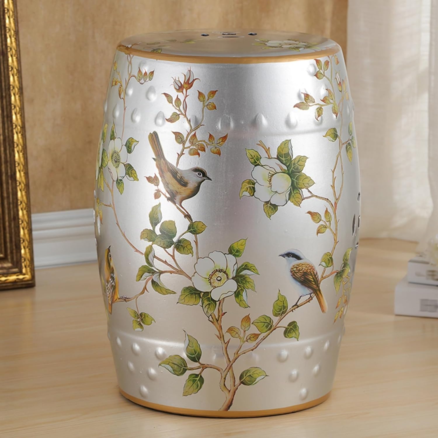 Decorative Ceramic Garden Stool - Glazed Accent Stool for Living Room, Balcony & Garden, Chinese Style Ceramic Stool, Perfect for Indoor & Outdoor Use(Silver Bird)