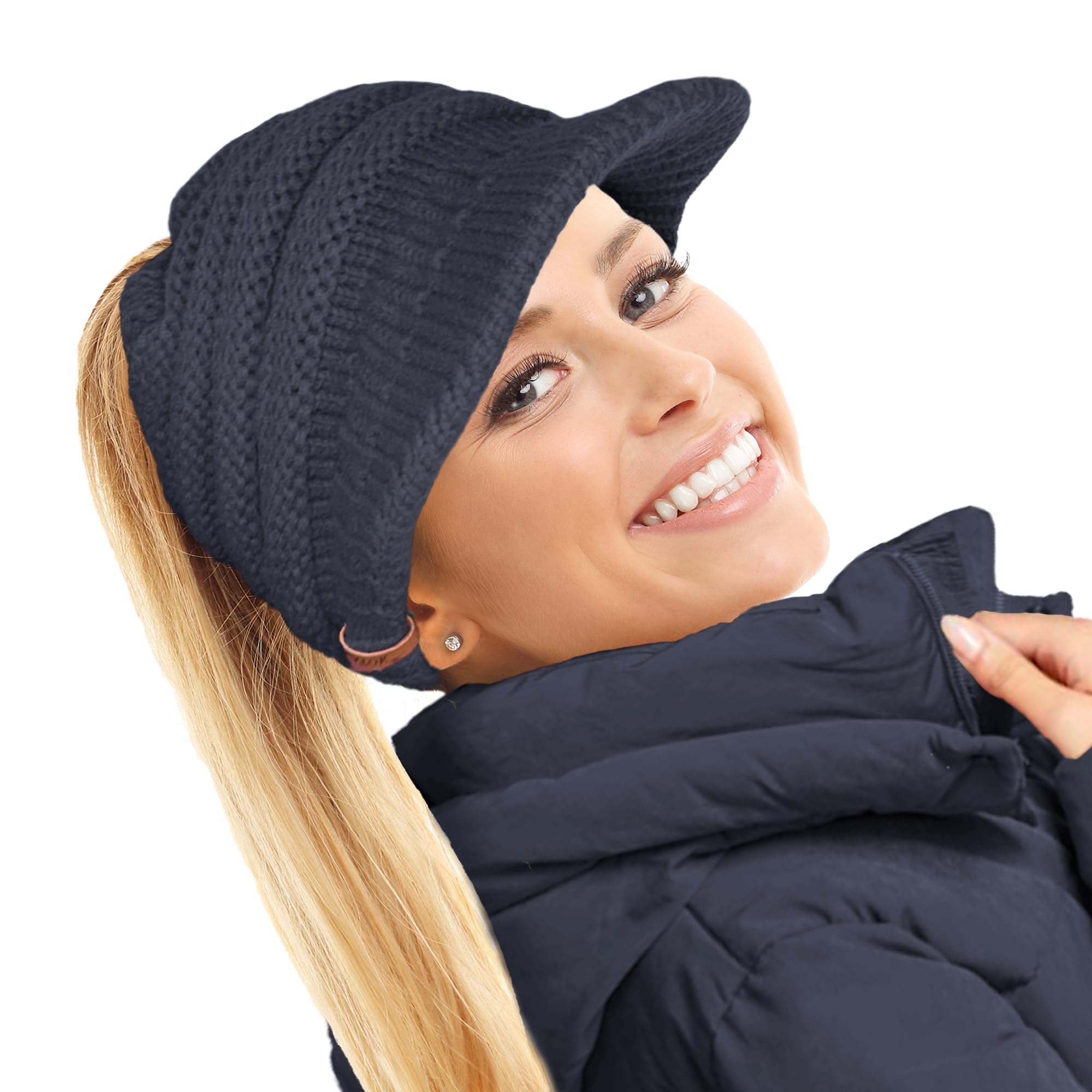 Toskatok Women's Navy Slouchy Peaked Ponytail Messy Bun Beanie Hat Cap