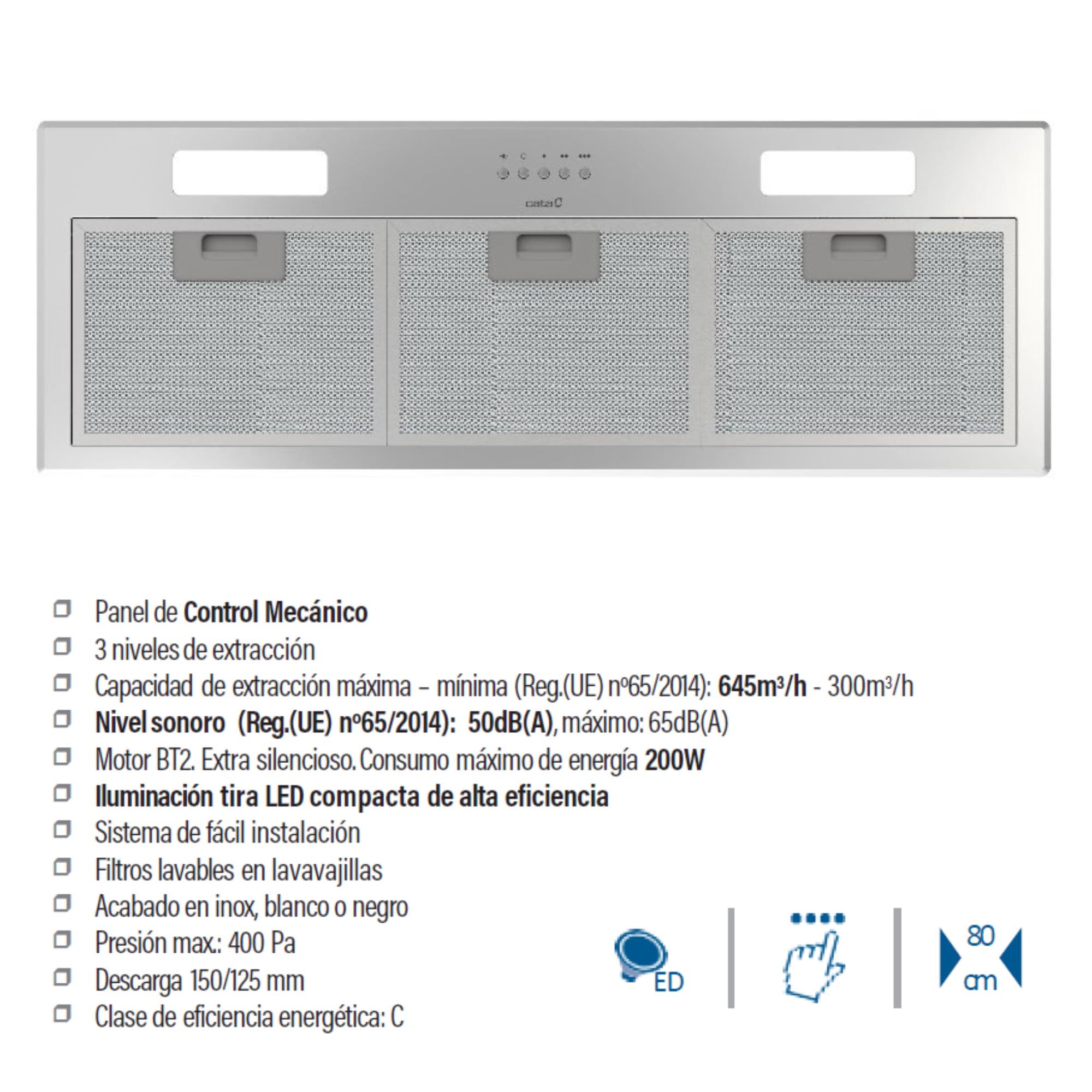 Cata Hotte aspirante GT PLUS 75 X/M avec 3 niveaux d'extraction, panneau de contrôle mécanique, moteur BT2, éclairage extra silencieux, bande LED, système d'installation facile, 200 W, largeur 45 cm