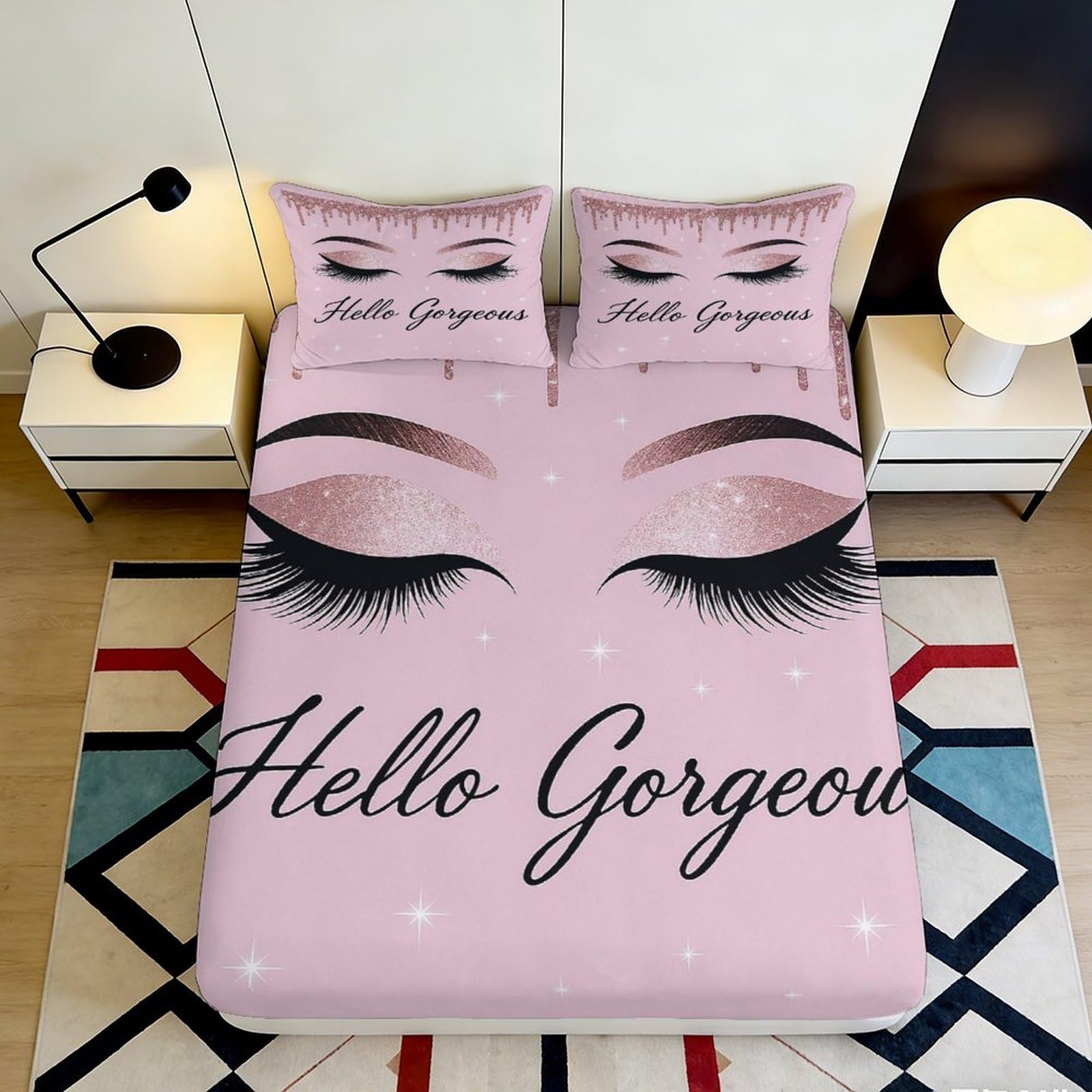 Jqzkxnhpbr Style-2 3D Printed Pink Eyelash Fitted Sheet Microfiber Soft Hello Gorgeous Bed Cover For Bedroom Dorm Mattress Protection Decor 90X200x25cm