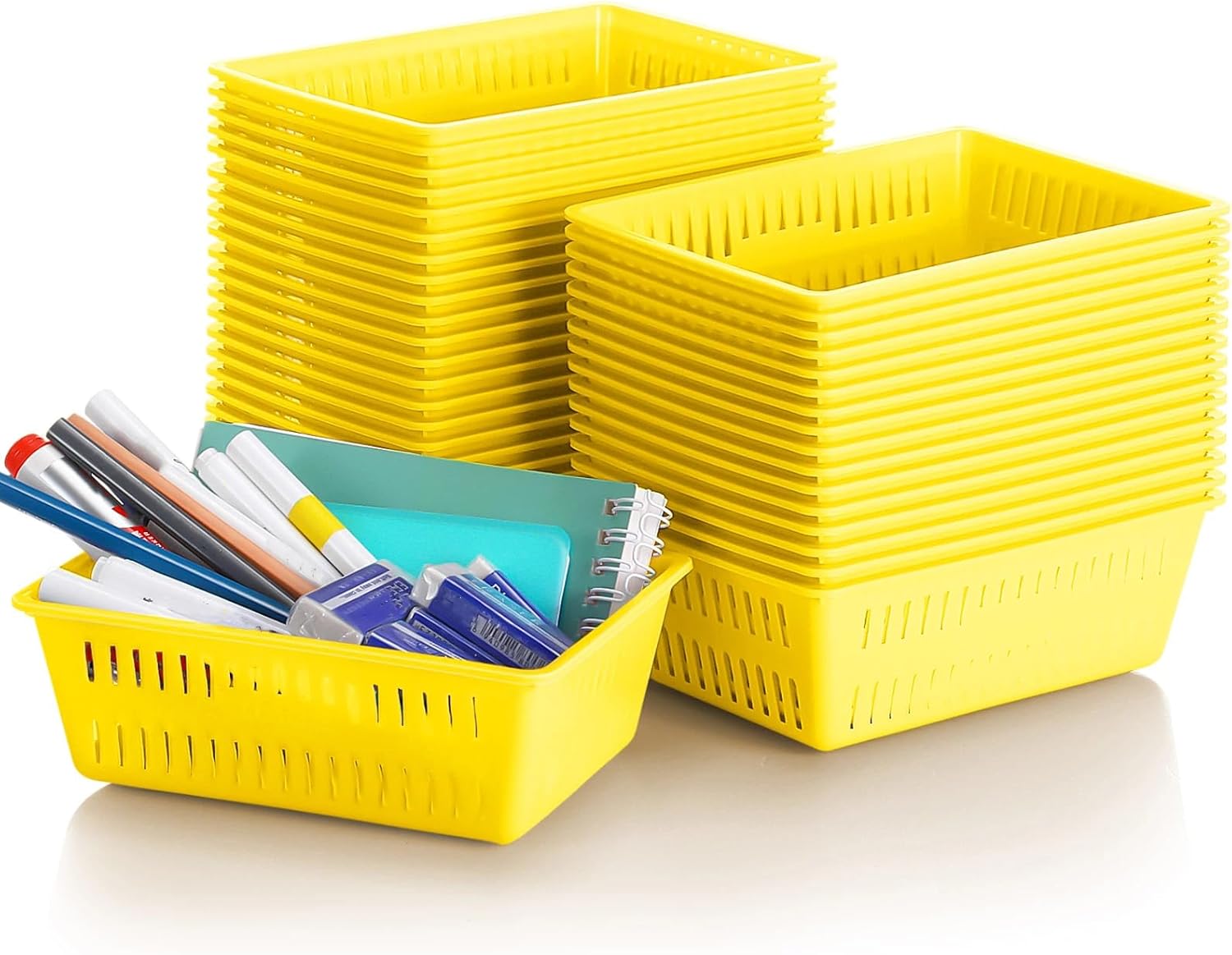Sherr 36 Pack Classroom Storage Basket Small Plastic Basket for Organizing Crayon Pencil Container Storage Bin Tray Holder for Paper Shelf Back to School Office Supply 6.1"l x 4.3"w x 2.4"h(Yellow)