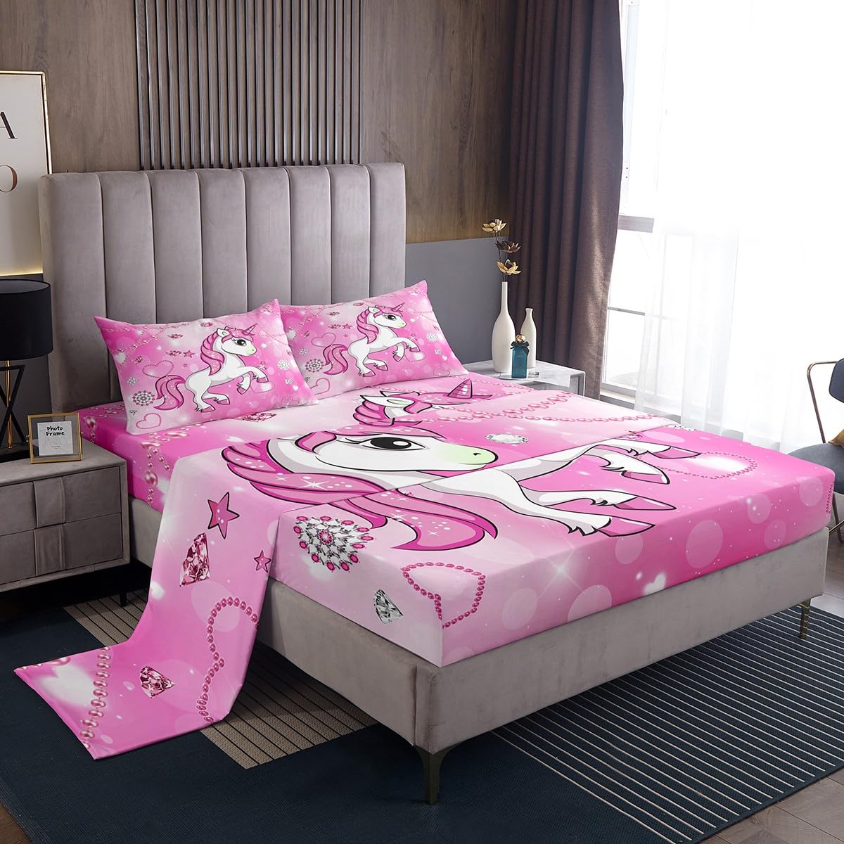 Juego de sábanas de unicornio tamaño King con 2 fundas de almohada con patrón de perlas, juego de sábanas de unicornio para niñas, sábanas rosas para niños, niñas y adultos