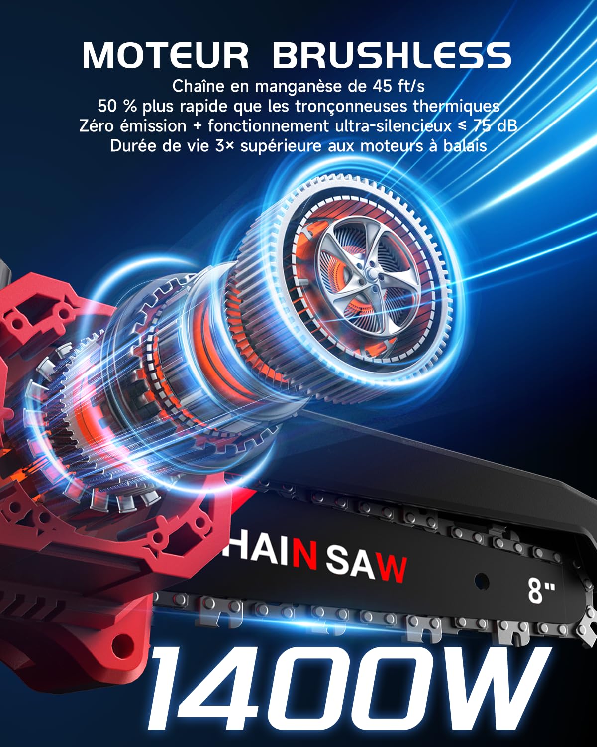 Mini motosierra inalámbrica de 20,3 cm, batería 8000 mAh y 3 cadenas, motosierra eléctrica sin escobillas de 1400 W y cargador rápido, sierra de cadena ligera para cortar madera, podar