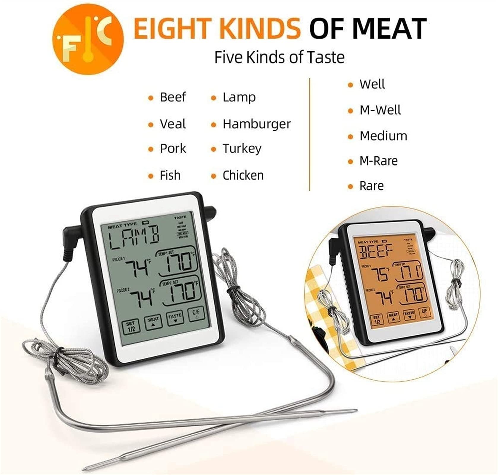 XMING Termómetro de Carne Digital Dual sonda de Cocina Barbacoa Pantalla táctil del termómetro LCD Alarma de Temporizador de retroiluminación