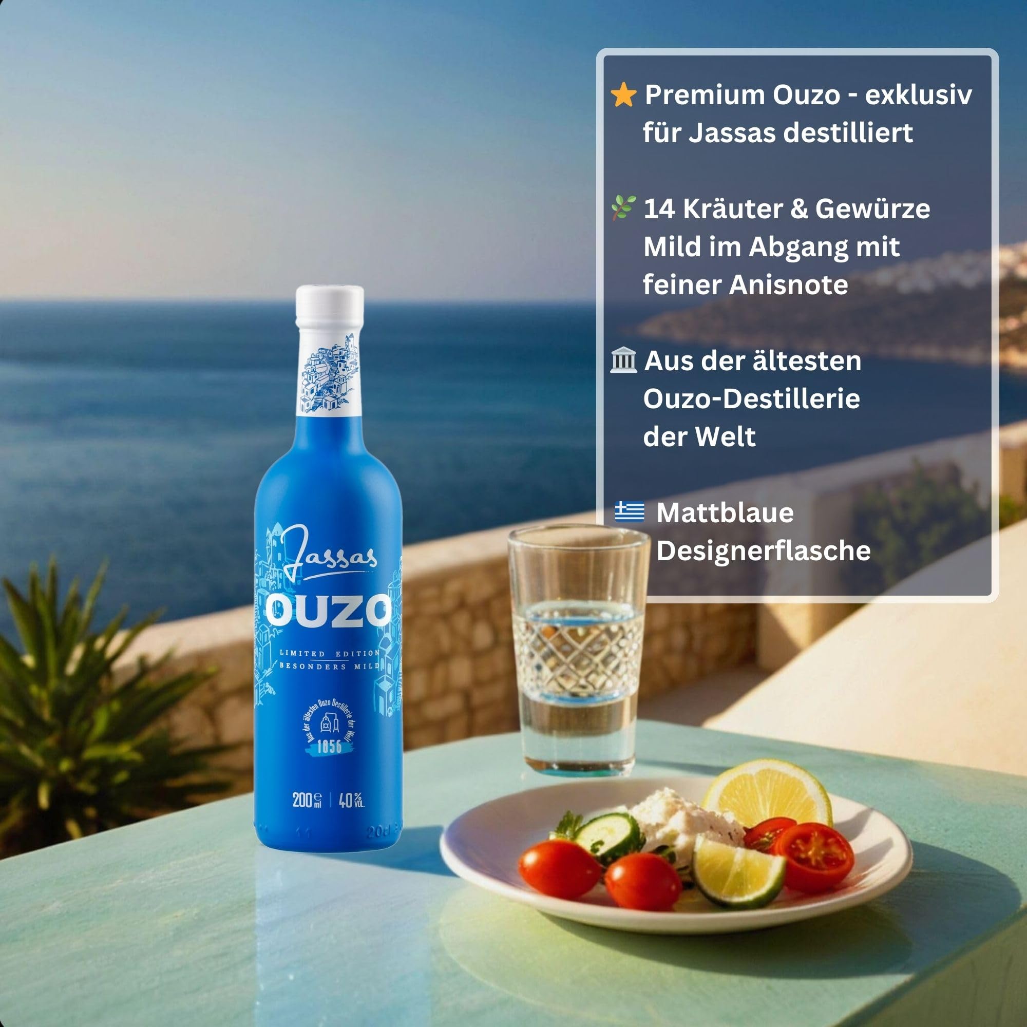 Jassas Ouzo 40% 0,7l Premium Flasche | Besonders mild | Limited Edition | Älteste Ouzo Destillerie der Welt 1856