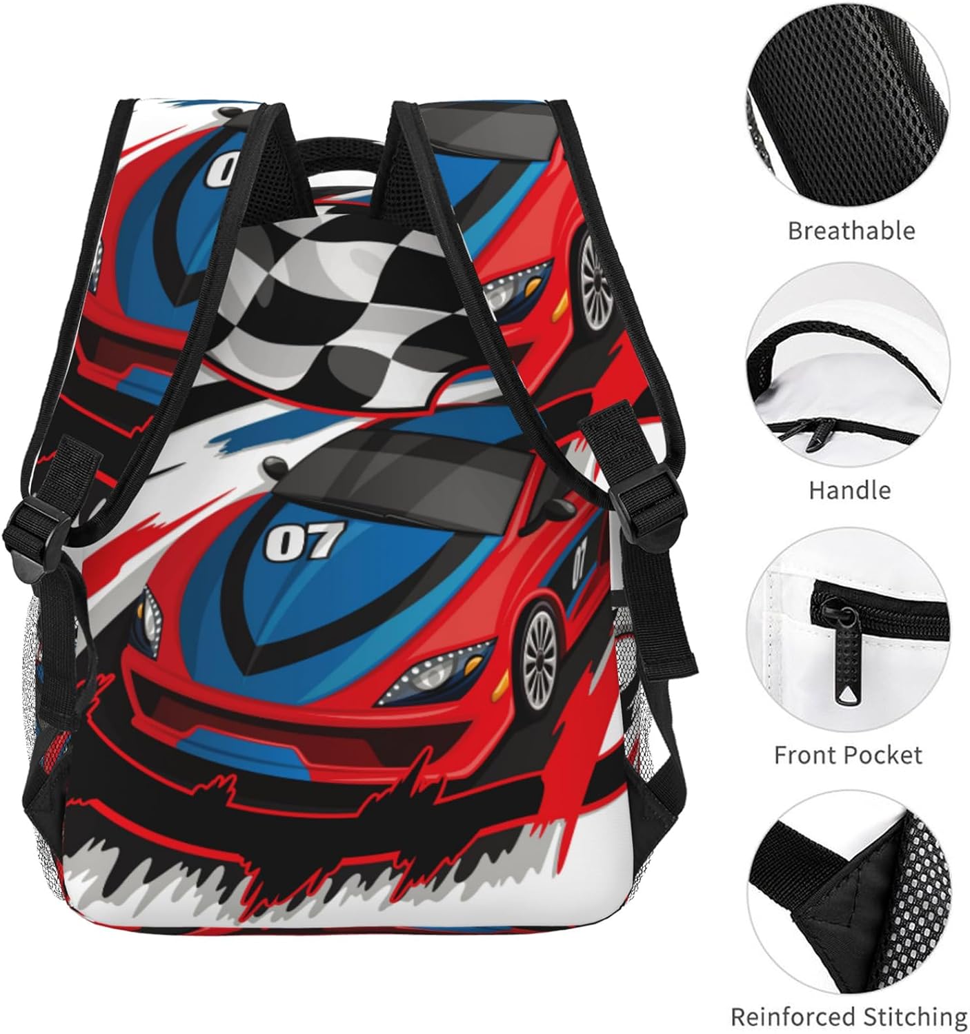Racing Car with Checkered Flag Girls Boys Backpack Elementary Middle School Backpack Bookbag for Girls Boys Kids Teen Back to School Book Bag Gifts for 2nd 3rd 4th 5th 6th Grade Students - Image 4