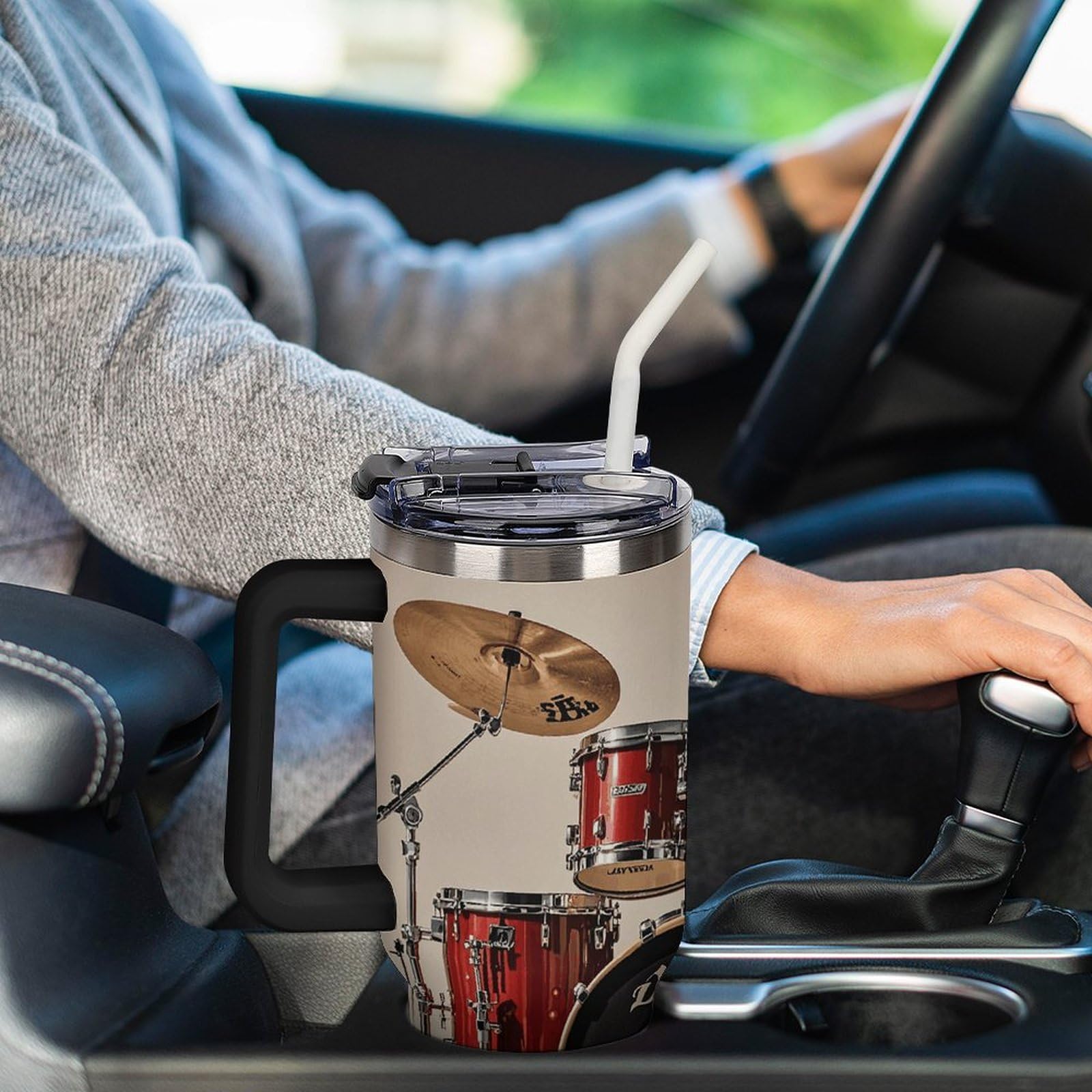 Trinkbecher mit Griff und Strohhalm, 1,2 l, vakuumisolierte Trinkflasche, Becherhalter, kompatibel für Reisen, wiederverwendbar, isoliert, Edelstahl, Geschenke für Damen und Herren
