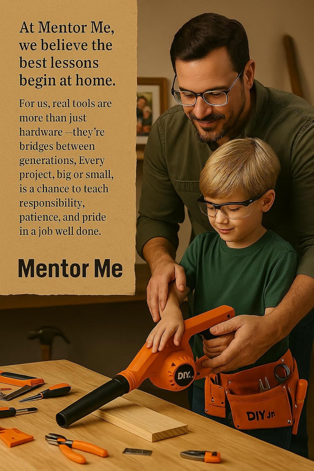 Mentor Me Cordless Leaf Blower for Kids - Real Working Youth Sized Blower with Safety Glasses - Parent-Led Learning Yard Tool - Durable Family Training Equipment, Adult Handling Required
