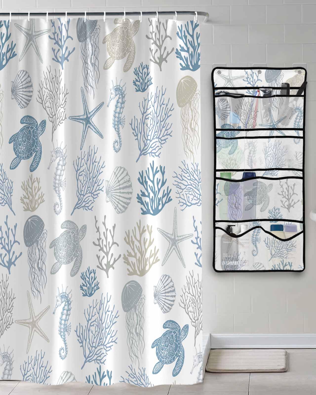 Shower Curtain Mesh Shower Organizer Hanging Set Summer Ocean Creature Sea Turtle Coral and Shell Light Blue Waterproof