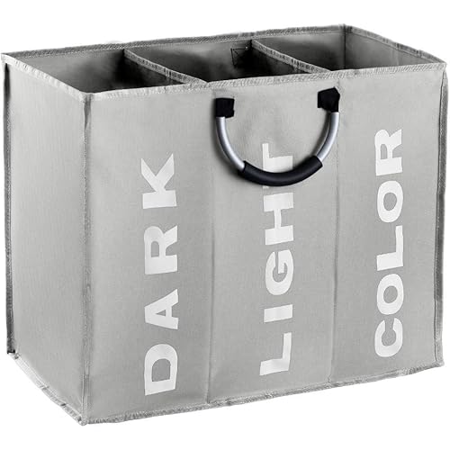 IHOMAGIC 3 Sections Large Laundry Hamper, Laundry Bag Collapsible, Foldable Fabric Clothes Sorter Storage Bag with Carry Handles for Dirty Clothes for Home Bathroom Dormitory 85L 23.6x12.6in Grey