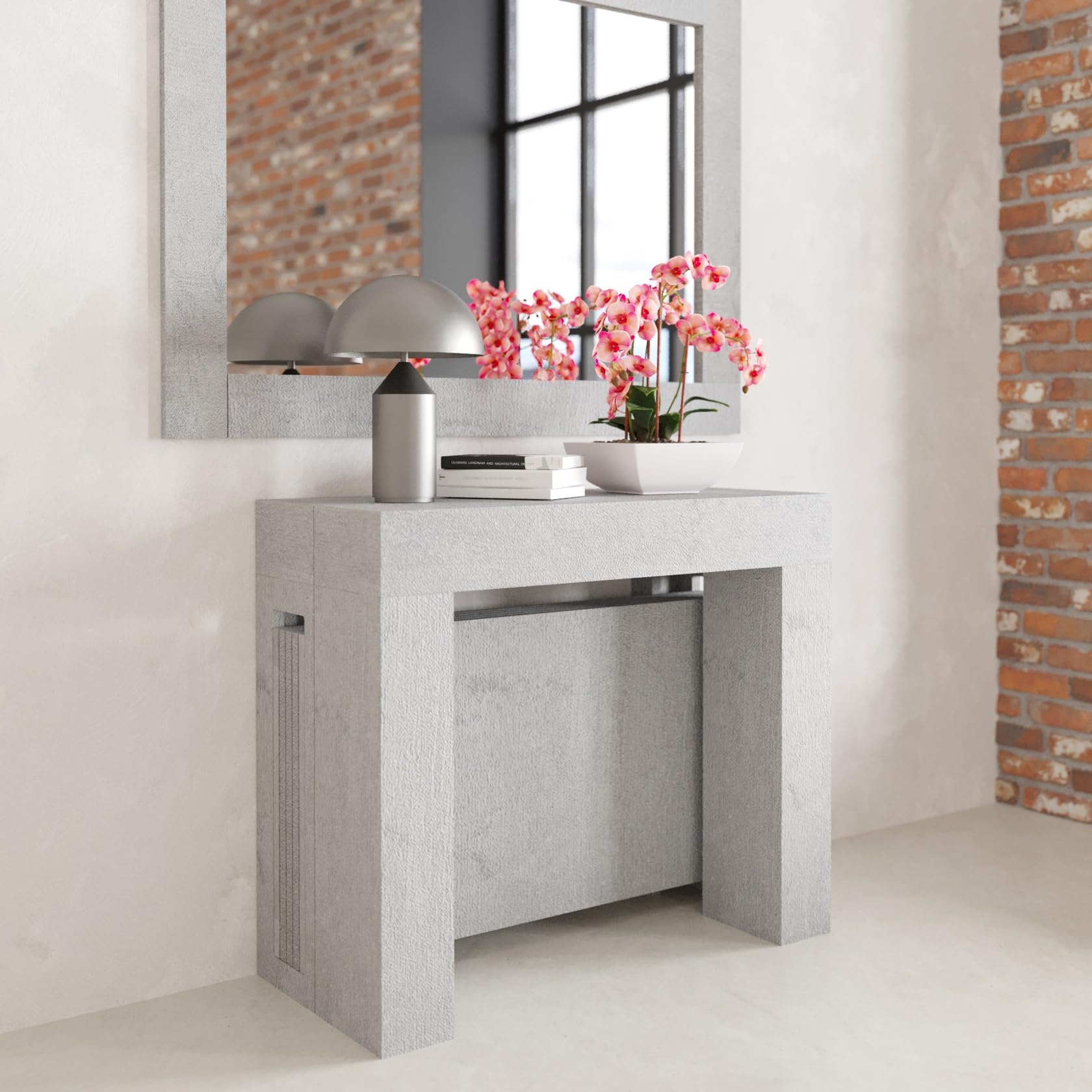 VE.CA - Tavolo Allungabile Kilka, Made in Italy - Console Allungabile con Porta Prolunghe fino a 3 Metri, 14 Posti - Arredo Moderno da Sala da Pranzo, Salvaspazio 90x40x77 (Cemento, 14 Posti)