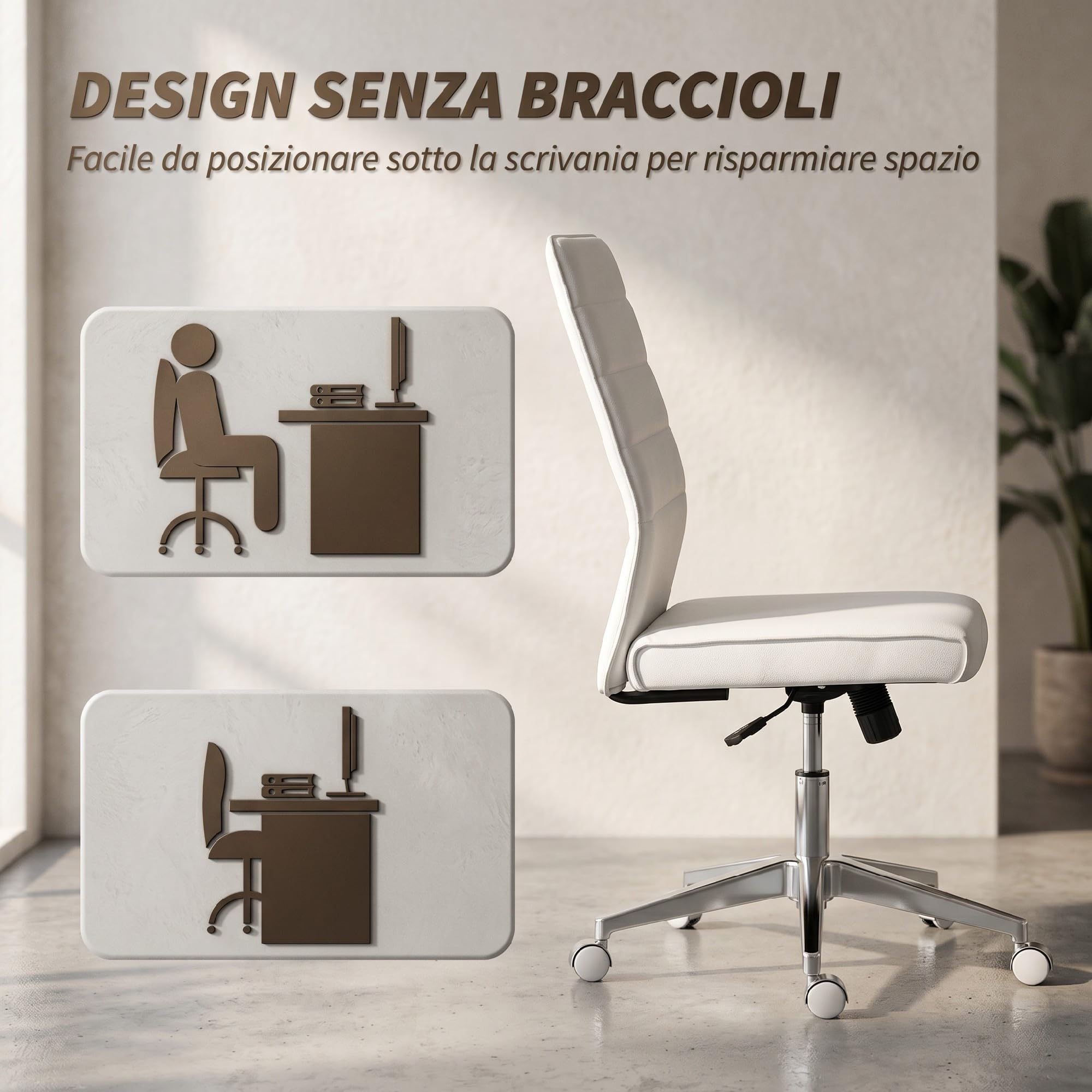 HOMCOM Sedia Ufficio Girevole in Pelle PU con Funzione Dondolo Bianco