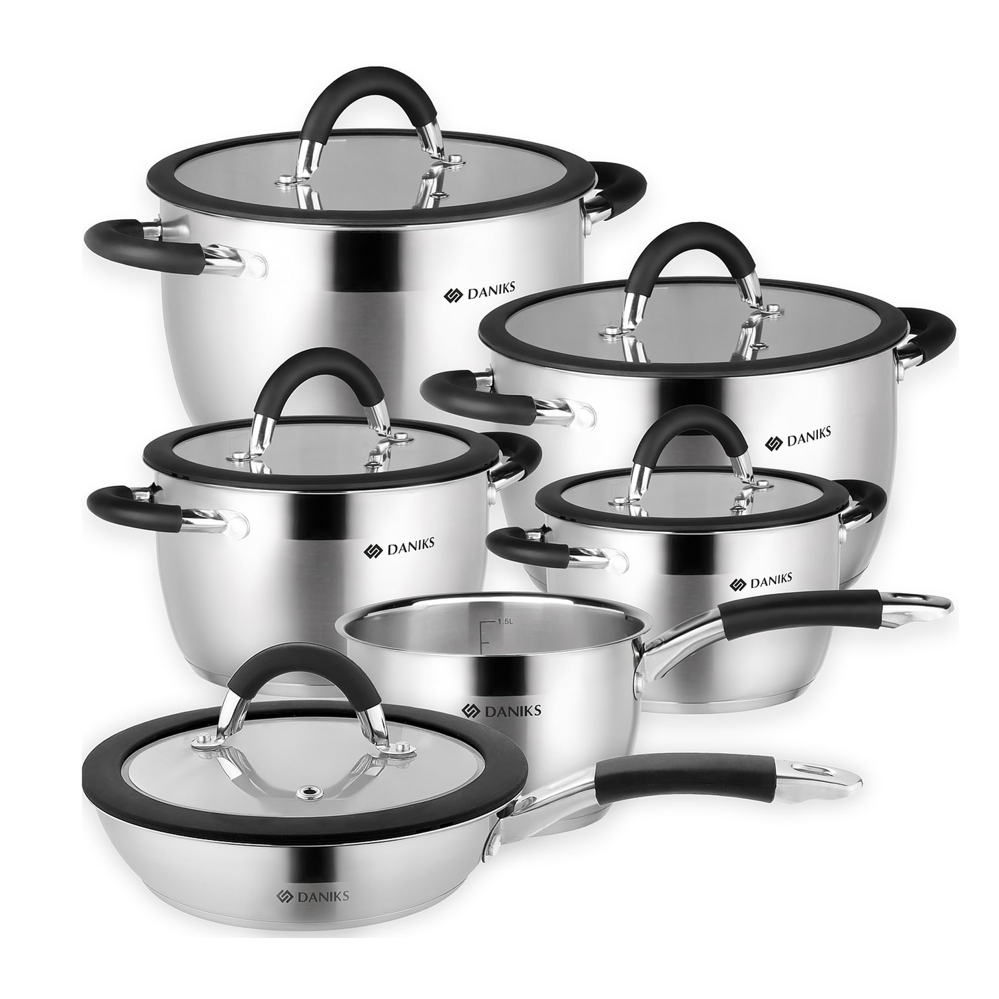 Photo 1 of Daniks Orlando 11-Piece Stainless Steel Cookware Set with Glass Lids, Includes Saucepan and Frying Pan, Tri-Ply Bases for Even Heating, Induction Compatible, Dishwasher Safe, Heatproof Handles