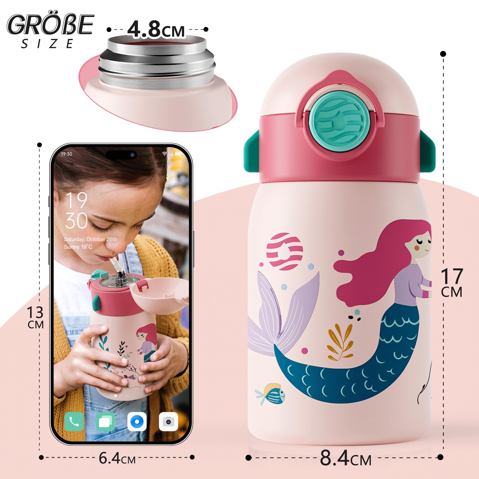 Fjbottle Botella de Agua Acero Inoxidable para Niños 400ml + Funda, Sin Fugas/Sin bpa Botella termica con Pajita para la Escuela y Deportes