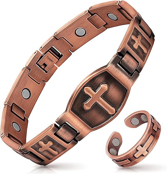 Mahnco Copper Bracelet for Men Ultra Strength Magnets Cross Bracelets for Men Pure Copper Magnetic Bracelet & Ring, Jewelry Gift with Sizing Tool