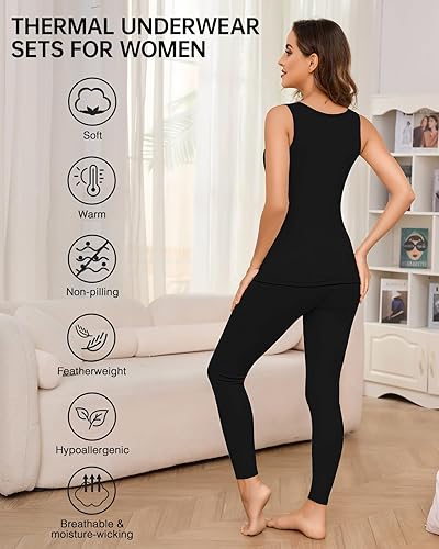 Miniatura 3 de Conjuntos de ropa interior térmica para mujer, pantalones largos de forro polar, capa base térmica, para clima frío, conjunto de camiseta e inferior