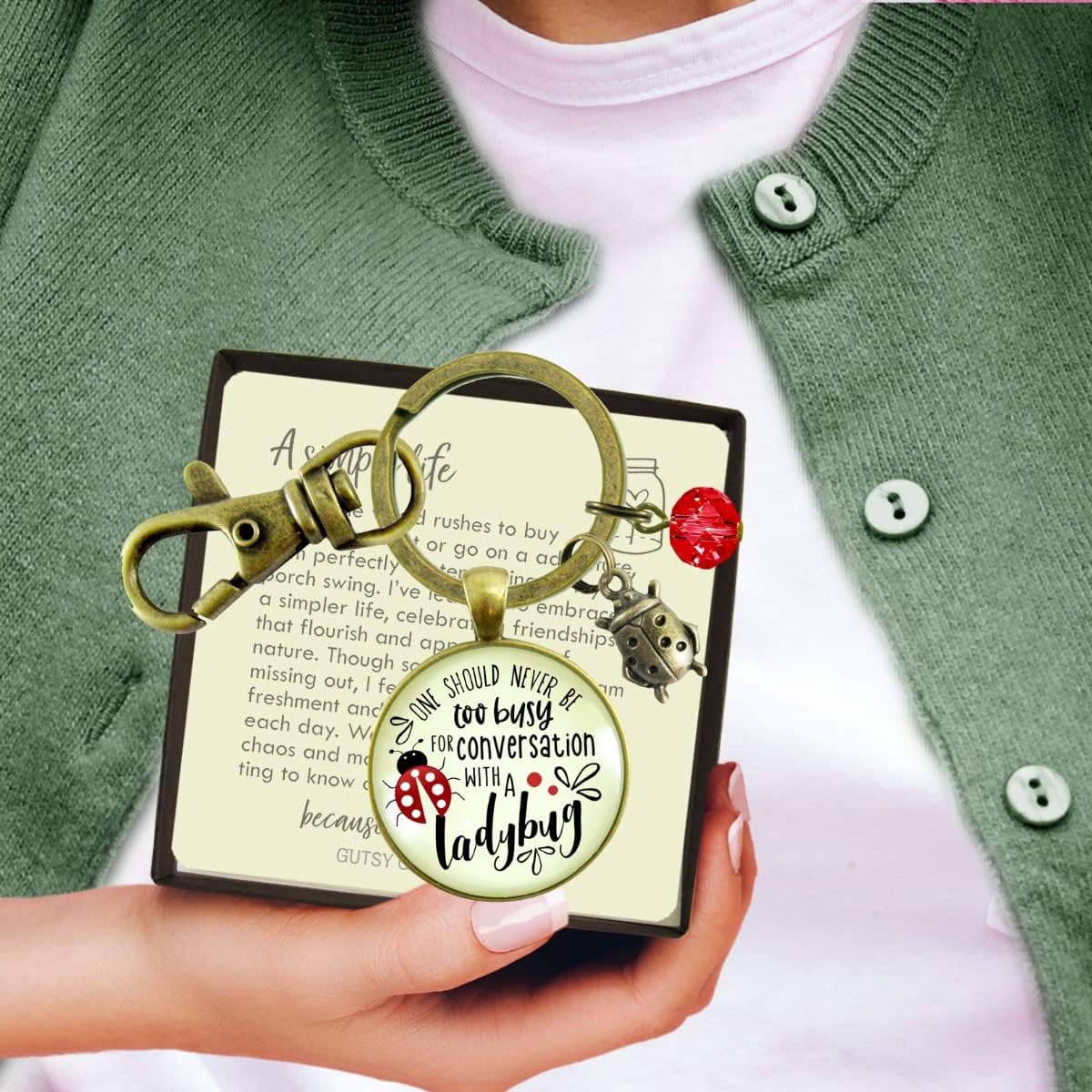 Gutsy Goodness Ladybug Keychain Never Too Busy Friendship Quote Gardener Jewelry